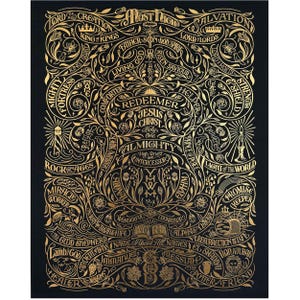 May include: A black rectangular print featuring intricate gold foil typography and botanical illustrations. The design displays numerous religious titles and names, including Jesus Christ, Almighty, Redeemer, and Alpha & Omega, arranged in a complex, symmetrical layout with floral motifs, crowns, and symbolic icons.