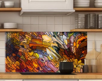 Abstract Stained Glass Style Kitchen Backsplash, Tempered Glass Panel, Heat Resistant Stove Splashback, Modern Kitchen Decor, Custom Size