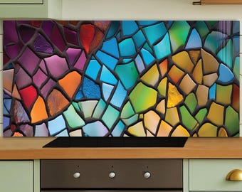 Colorful Mosaic Glass Kitchen Backsplash,Stained Glass Style Tempered Glass Panel, Modern Abstract Kitchen Wall Decor,Artistic Kitchen Decor