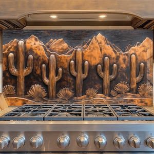 May include: A copper-toned kitchen backsplash featuring a desert landscape with cacti and mountains. The design is a relief carving with detailed textures and a warm color palette, adding a rustic touch to the kitchen.