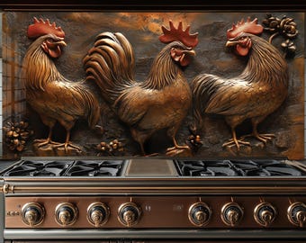 Szkło hartowane Copper Rooster, Panel ścienny do kuchni w stylu rustykalnym, Osłona przeciwbryzgowa kuchenki, Rustykalny wystrój kuchni, Szklana osłona kuchenki
