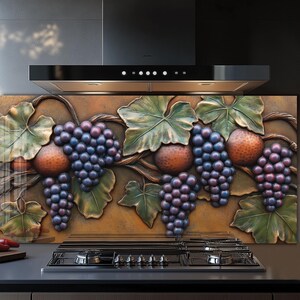 Rustic Glass Backsplash Grape Kitchen Decor, Copper Style Tempered Glass Panel, Stove Back Cover, Heat Resistant Wall Protector,Copper Decor