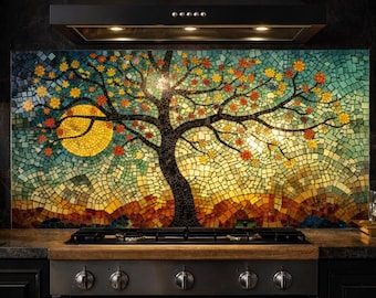Levensboom glazen backsplash, backsplash gehard glas fornuis, moderne keuken wandpaneel, hittebestendig aangepast formaat, wandpaneel keuken,