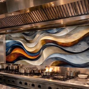 May include: A commercial kitchen with stainless steel appliances and a decorative mural. The kitchen features a gas range with flames, pots, and bowls of ingredients. A wooden cutting board with herbs sits on the counter.