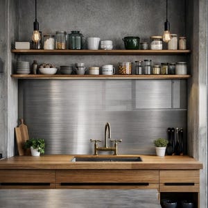 May include: A modern kitchen with wooden cabinets, stainless steel appliances, and concrete countertops. Open shelving displays jars, bowls, and kitchenware. A brass faucet and sink are centered against a stainless steel backsplash. Two pendant lights hang above the countertop.