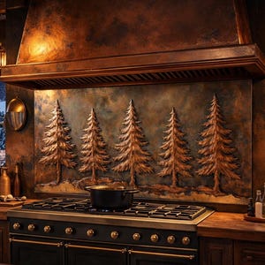 Rustic Copper Kitchen Backsplash, Forest Tree Glass Panel, Tempered Glass Stove Splashback, Cabin Style Kitchen Decor,Lodge Kitchen Wall Art