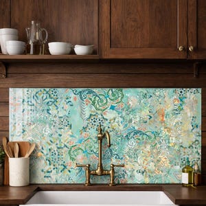 Abstract Botanical Glass Backsplash, Tempered Glass Kitchen Panel, Mediterranean Floral Pattern, 4 mm Heat Resistant Stove Backsplash