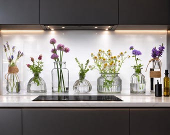 Floral Glass Kitchen Backsplash,Tempered Glass Splashback,Stove Backsplash Panel, Modern Kitchen Wall Decor – Heat Resistant Glass Panel