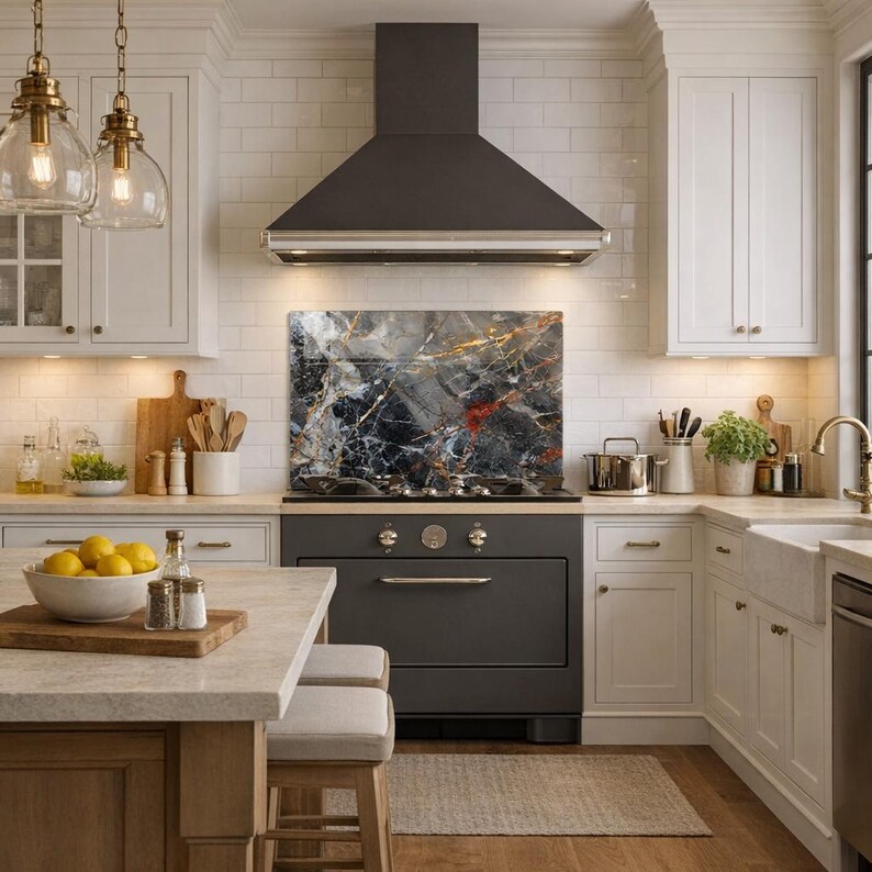 Luxury Tempered Glass Backsplash – Abstract Marble Design – Heat ...