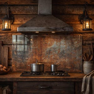 Rust Industrial Kitchen Backsplash, Tempered Glass Stove Backsplash, Metal Look Kitchen Wall Panel, Rustic Modern Kitchen Decor