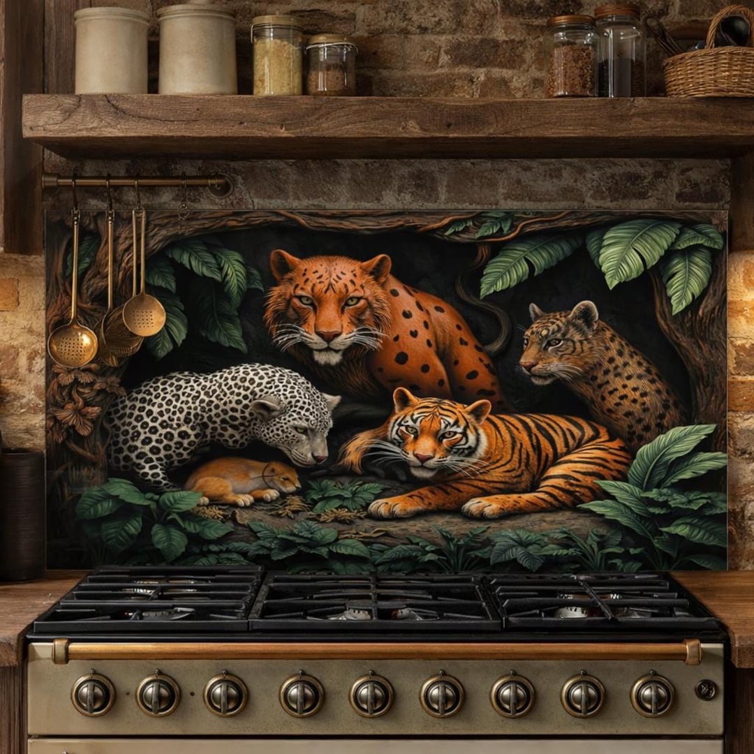 Tempered Glass Backsplash, Jungle Animal Kitchen Panel, Stove ...