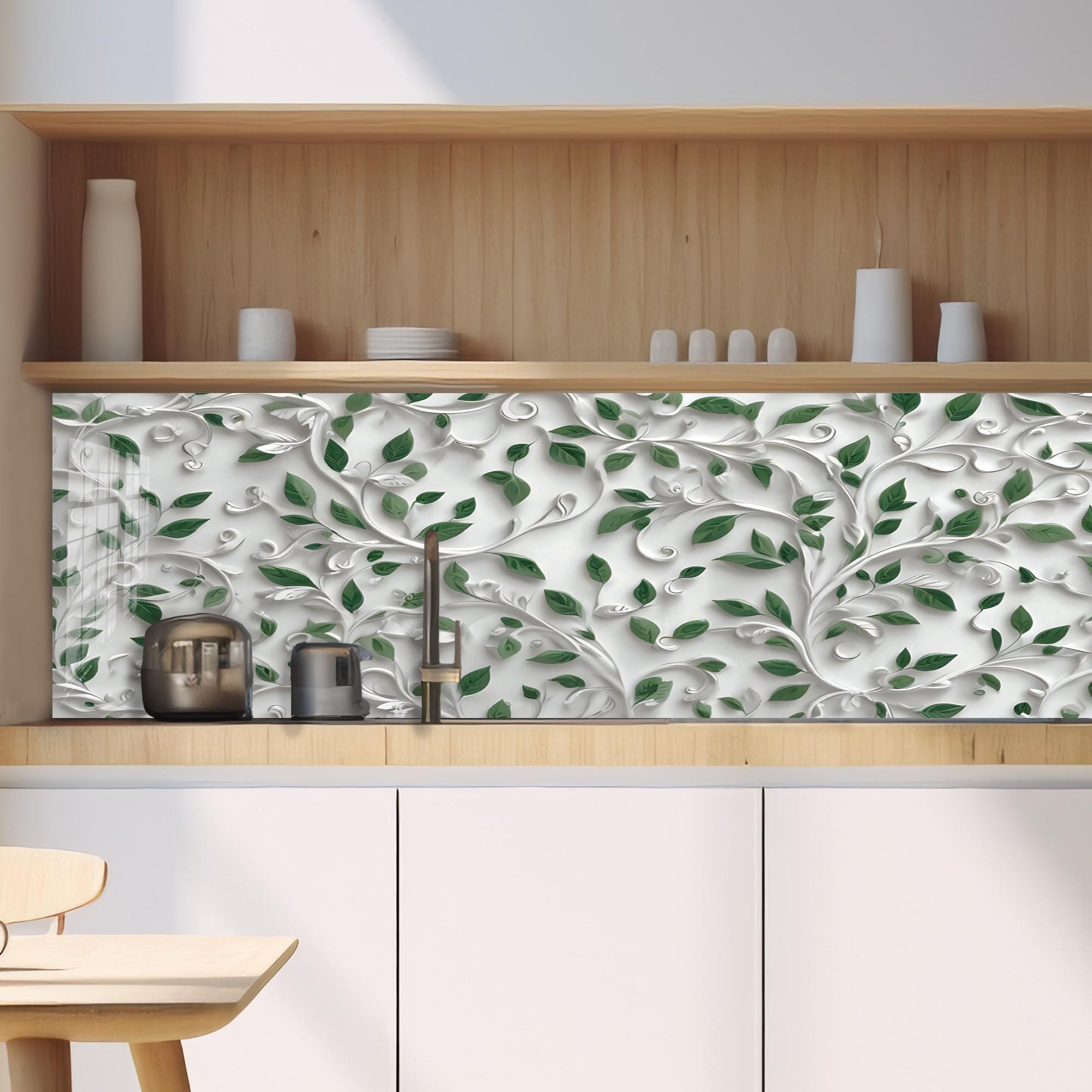 Leaf Pattern Splashback Floral Kitchen Backsplash Tempered Glass, Botanical Stove Backsplash ...