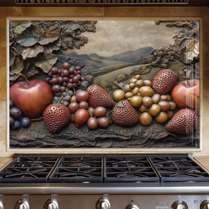 Rustic Glass Backsplash Fruit Kitchen Decor, Copper Style Tempered Glass Panel, Stove Back Cover, Heat Resistant Kitchen Wall Protector