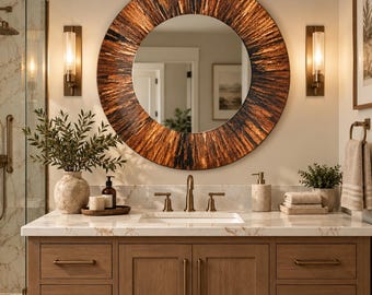 Copper Sunburst Round Wall Mirror, UV Printed Glass Mirror, Large Decorative Mirror, Modern Rustic Wall Decor