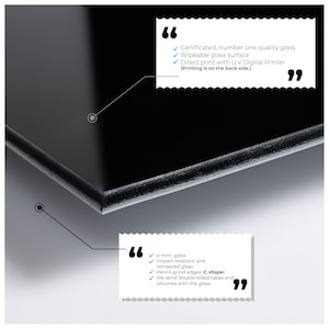 May include: Close-up of a black glass surface with a beveled edge. The glass is 4 mm thick, impact resistant, and tempered. It has pencil-ground edges and comes with double-sided tapes and silicones.