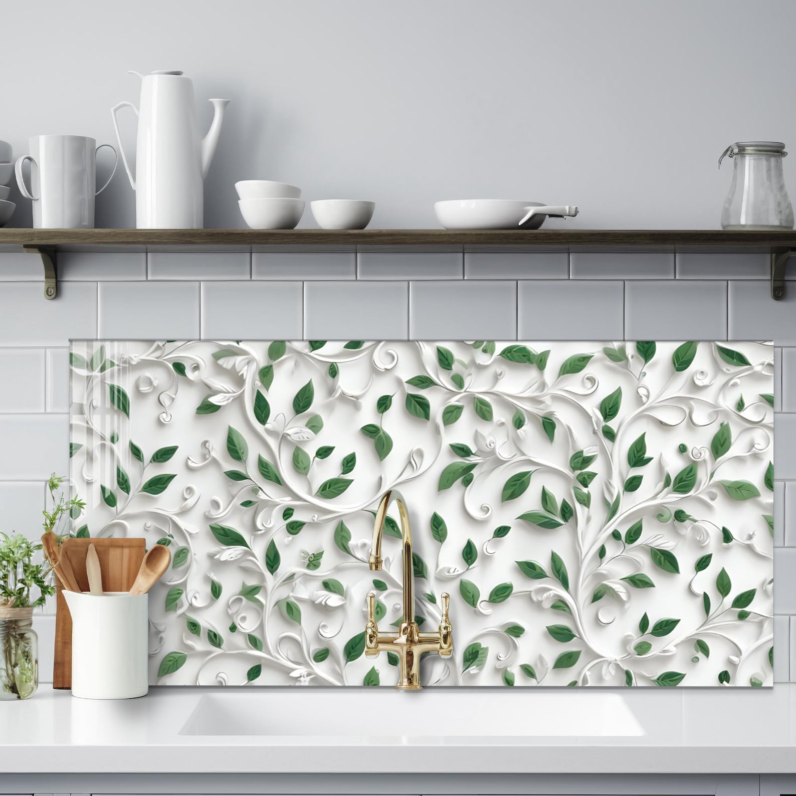 Leaf Pattern Splashback Floral Kitchen Backsplash Tempered Glass, Botanical Stove Backsplash ...