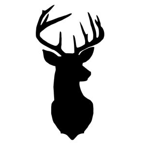 May include: Black silhouette of a deer head with large antlers.
