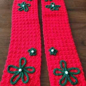 Red and Green Crochet Flower Christmas Scarf
