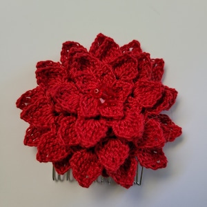 Red Beaded Crochet Flower Comb