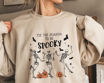 不気味な季節のスウェットシャツ、踊るスケルトンのハロウィン スウェットシャツ、女性用秋スウェットシャツ、ハロウィン パーティー スウェットシャツ