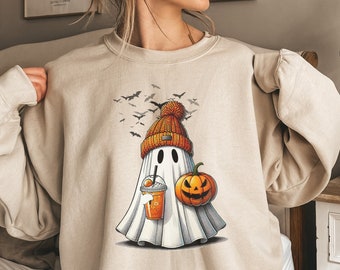 Ghost Drinking Coffee Sweatshirt, Ghost Ice Coffee, Spooky Season, Fall Coffee Lover Hoodie, Halloween Party Shirt, Fall Graphic Shirt
