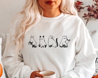 Ghost Cat Sweatshirt, Cat Halloween Sweatshirt, Ghost Halloween Sweatshirt, Fall Sweatshirt for Women, Halloween Crewneck, Spooky Season