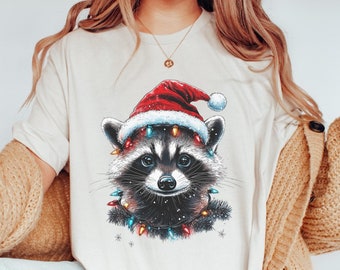 T-shirt med julbelysning från vintagetvättbjörn, söt tvättbjörn, trasig jultvättbjörn, jultröja för kvinnor, tomtemössa