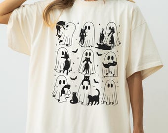 Spöklika spöken och kattskjorta, katt Halloween-skjorta, vintagekattskjorta, svart kattskjorta, kattälskare-gåva, gotisk kattskjorta, kuslig svart katt-t-shirt