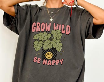 Grow Wild Be Happy-shirt, shirt met wilde bloemen, Cottagecore-shirt bloemen, bloemenshirt, botanisch shirt, bloemenshirt dames, shirt natuur, T-shirt wilde bloemen