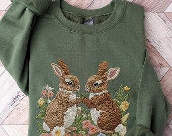 Sudadera de Pascua con bordado falso, sudadera de conejito, suéter retro de Pascua, suéter de conejito, suéter de conejito de Pascua, regalo de conejito, sudadera de conejito