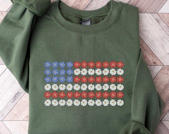 Floral USA Flag Sweatshirt, Girly 4th of July Shirt, Womens Fourth of July Shirt, American Flag Shirt, Patriotic Crewneck, Flower USA Shirt