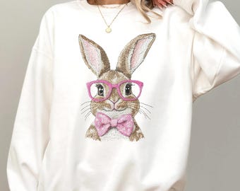Sudadera de conejito con bordado falso, camiseta de conejito, suéter retro de Pascua, suéter de conejito, suéter de conejito de Pascua, regalo de conejito lindo, sudadera de conejito