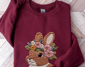 Sudadera de conejito con bordado falso, camiseta de conejito, suéter retro de Pascua, suéter de conejito, suéter de conejito de Pascua, regalo de conejito lindo, sudadera de conejito
