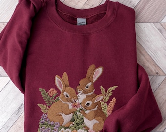 Sudadera con bordado falso de conejitos, sudadera de conejito, suéter retro de Pascua, suéter de conejito, suéter de conejito de Pascua, regalo de conejito, camiseta de conejitos