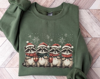 Sudadera con mapache navideño, sudadera retro con mapache navideño, sudadera con luces de mapache navideño, regalo de mapache navideño, suéter navideño
