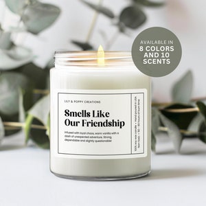 May include: A clear glass candle jar with a white label that reads "Smells Like Our Friendship" and "Infused with loyal chaos, warm vanilla with a dash of unexpected adventure. Strong, dependable and slightly questionable!" The candle is lit and the label also says "Lily & Poppy Creations". The candle is surrounded by greenery.
