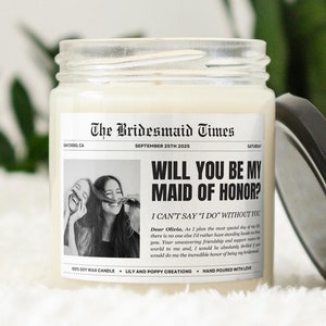 Custom Maid of Honor Newspaper Candle, Personalized Maid of Honor Proposal Candle, Bridal shower Gift, Bridesmaid Photo Candle Gift
