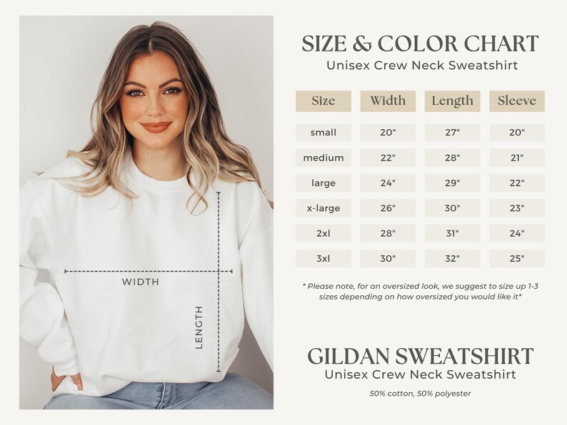 May include: Size chart for a unisex crew neck sweatshirt. The chart shows the width, length, and sleeve length in inches for sizes small through 3XL. The text "Please note, for an oversized look, we suggest to size up 1-3 sizes depending on how oversized you would like it" is below the chart. The text "GILDAN SWEATSHIRT Unisex Crew Neck Sweatshirt 50% cotton, 50% polyester" is at the bottom of the chart.