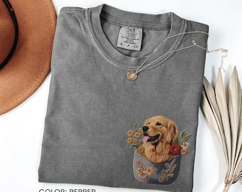 Golden Retriever Pocket Comfort Colors Shirt, Golden Mama Shirt, Faux Embroidery Tee, Gift for Dog Lover, Dog Mom Gift, Golden Owner Gift