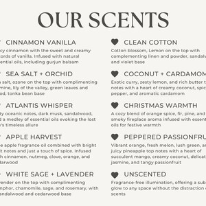 Puede incluir: Un gr&aacute;fico con un icono de coraz&oacute;n y texto que describe 10 aromas diferentes para velas, incluyendo Canela Vainilla, Sal Marina + Orqu&iacute;dea, Susurro de Atlantis, Cosecha de Manzana, Salvia Blanca + Lavanda, Algod&oacute;n Limpio, Coco + Cardamomo, Calidez Navide&ntilde;a, Maracuy&aacute; Pimienta y Sin Aroma.
