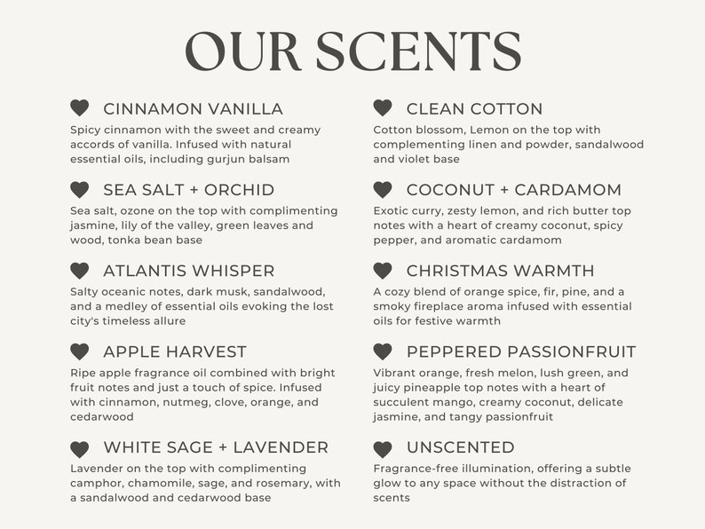 Puede incluir: Un gr&aacute;fico con un icono de coraz&oacute;n y texto que describe 10 aromas diferentes para velas, incluyendo Canela Vainilla, Sal Marina + Orqu&iacute;dea, Susurro de Atlantis, Cosecha de Manzana, Salvia Blanca + Lavanda, Algod&oacute;n Limpio, Coco + Cardamomo, Calidez Navide&ntilde;a, Maracuy&aacute; Pimienta y Sin Aroma.