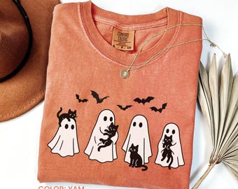 Camiseta Comfort Colors® Halloween Gato Preto e Fantasma, Camiseta Fantasma de Halloween, Camiseta de Gato da Temporada Assustadora, Camiseta Fofa de Halloween, Presente para Amantes de Gatos