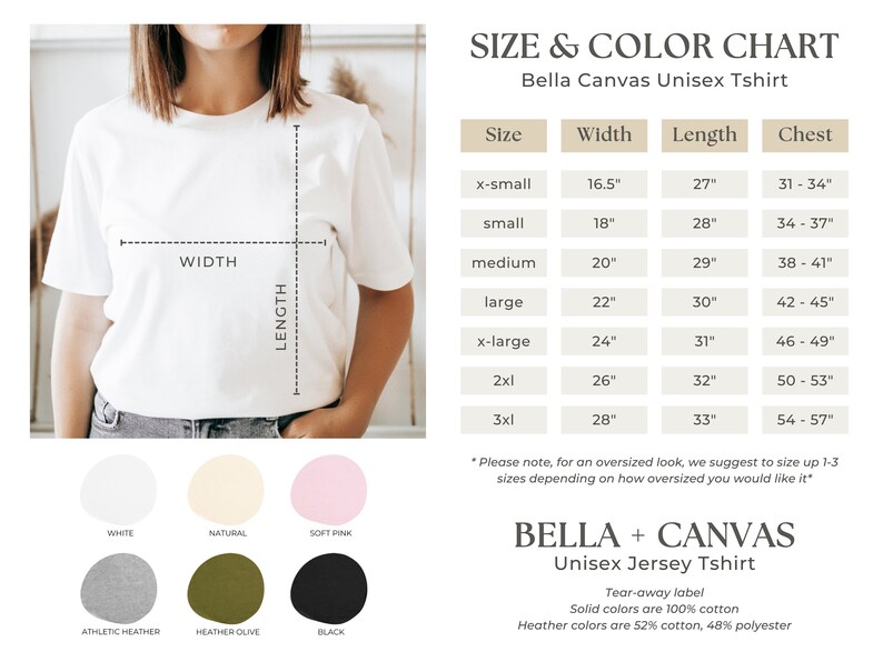 Pode incluir: Tabela de tamanhos para camisetas unissex Bella + Canvas. A tabela mostra as medidas em polegadas para largura, comprimento e t&oacute;rax para os tamanhos XS a 3XL. A tabela tamb&eacute;m inclui informa&ccedil;&otilde;es sobre a composi&ccedil;&atilde;o do tecido: as cores s&oacute;lidas s&atilde;o 100% algod&atilde;o, as cores mescladas s&atilde;o 52% algod&atilde;o e 48% poli&eacute;ster.