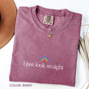 Camiseta &quot;I Just Look Straight&quot;, camiseta LGBTQ+ Friendly, camiseta de apoio LGBT, camiseta arco-íris, camisetas com corações LGBT, moletons do Orgulho, camiseta com a bandeira do Orgulho