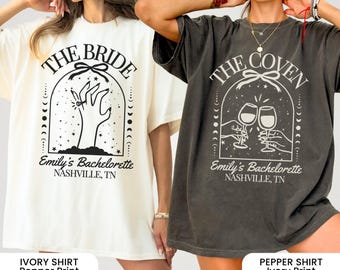 Custom Witchy vrijgezellenshirt, Halloween vrijgezellenfeest shirt, Witchy bruid shirt, bruid Celestial Bach, griezelige bruidsmeisje geschenken