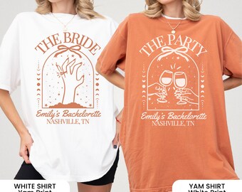Aangepaste Halloween vrijgezellenfeest shirt, Witchy vrijgezellenshirt, Witchy bruid shirt, bruid Celestial Bach, griezelige bruidsmeisje geschenken
