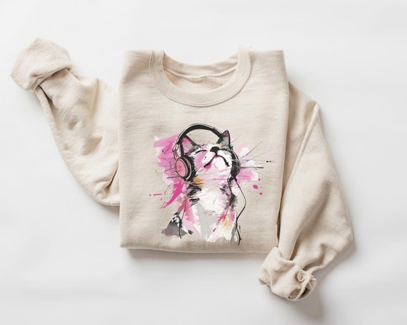 Kitten Headphones Sweater, Cat Lover Sweatshirt, Music Lover Gift, Christmas Cat Lover Gift, Kitten Lover Shirt, Cat Mom Sweatshirt