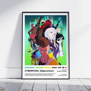 anime movie poster of a cyberpunk android falling past