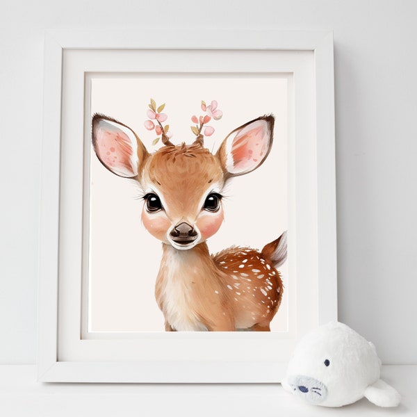 Enchanting Deer Nursery Print: Cute Baby Animal Wall Art for Boho Nursery Decor - Watercolor Fawn Printable Poster