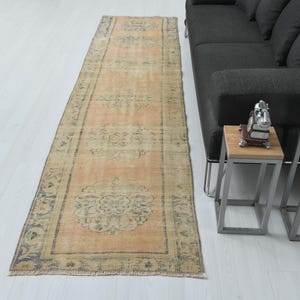 Tapis de couloir Oushak, tapis de couloir vintage, tapis turc, tapis d'entrée en laine fait main, tapis Oushak ancien, tapis long et étroit, B-4013